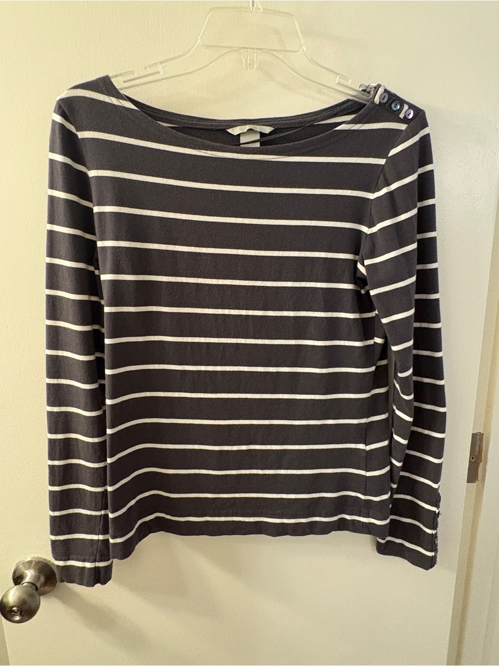 H&M Grey & White Striped Long-Sleeve Top with Shoulder  & Sleeve Buttons | M